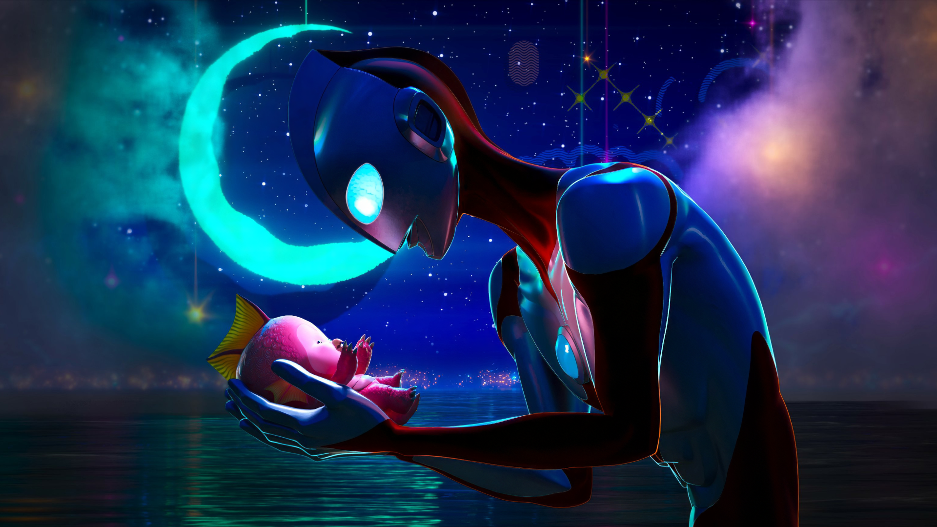 HD desktop wallpaper of Ultraman: Rising, showcasing an Ultraman character gently holding a small creature against a vibrant night sky with a glowing crescent moon in the background.