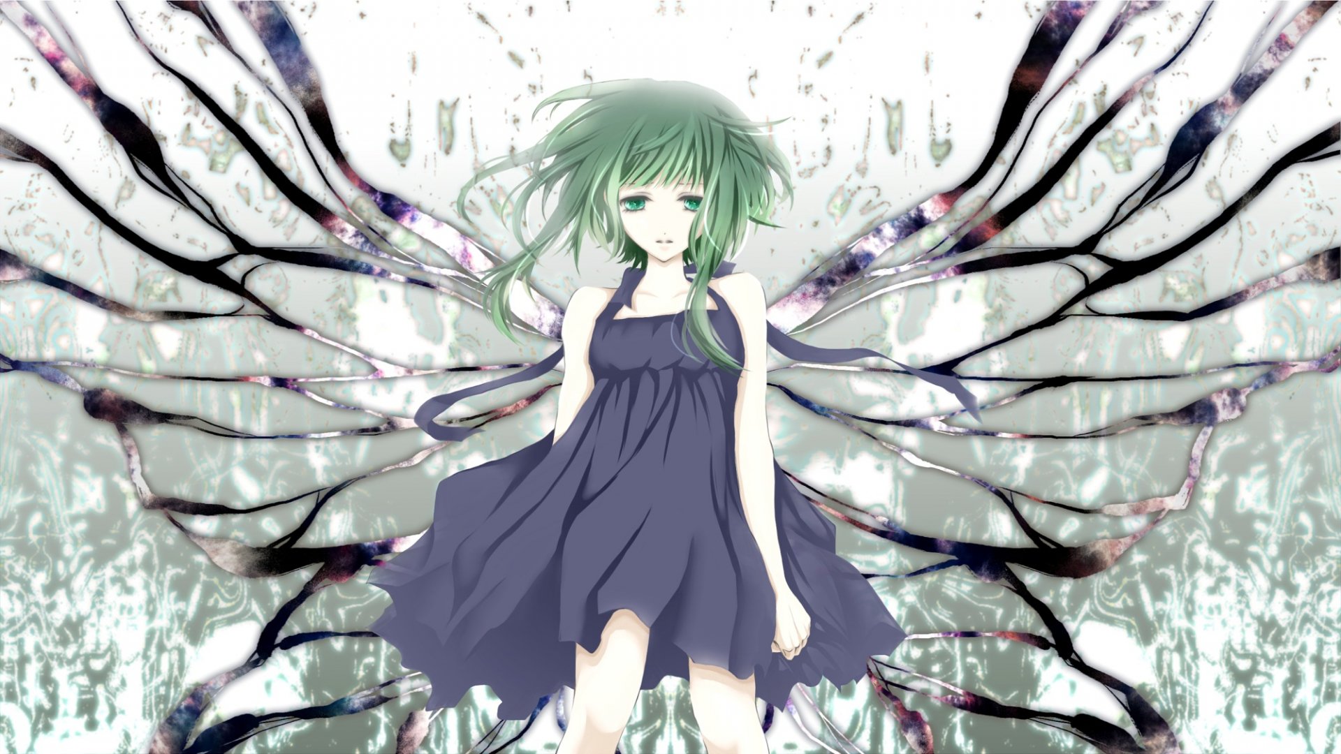HD PC desktop wallpaper featuring GUMI from Vocaloid in anime style, with ethereal wings and flowing green hair against a soft, abstract background.