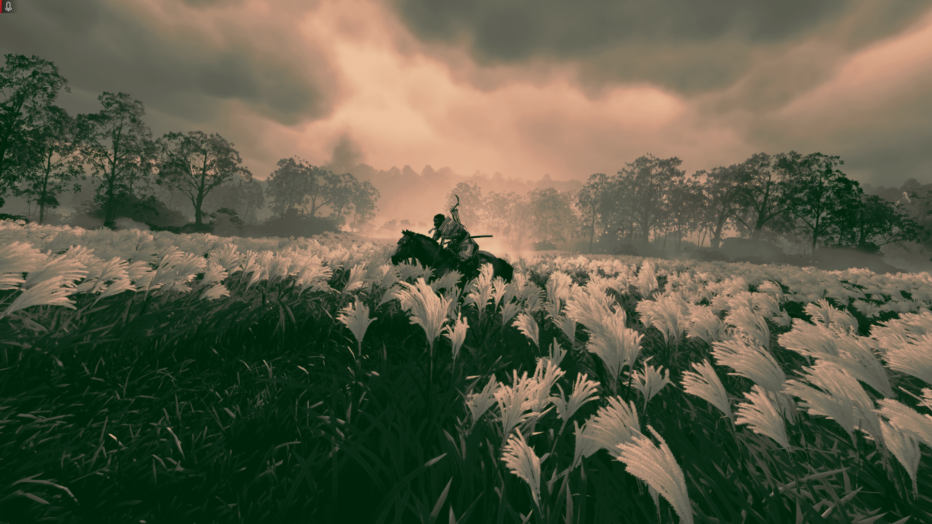 HD PC desktop wallpaper featuring Jin Sakai from Ghost of Tsushima on PlayStation 5, riding through a field under a dramatic, cloudy sky.