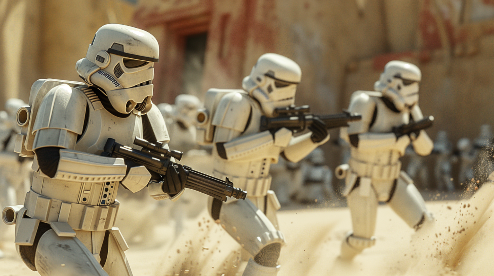 HD PC desktop wallpaper featuring detailed fan art of Star Wars stormtroopers advancing in a sandy environment.