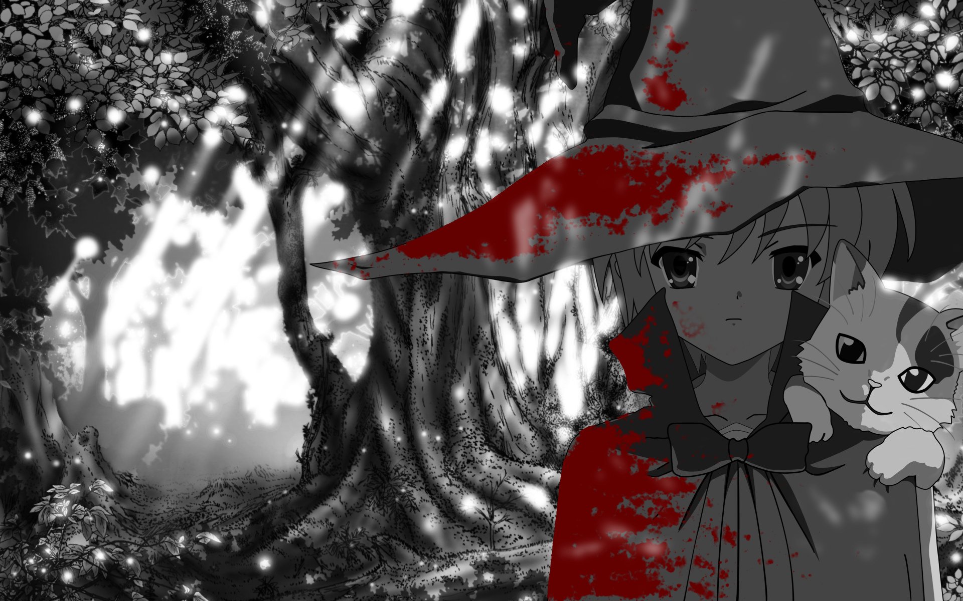 HD desktop wallpaper featuring Yuki Nagato from The Melancholy of Haruhi Suzumiya, holding a shamisen and a cat, set against a dark, mystical forest background.