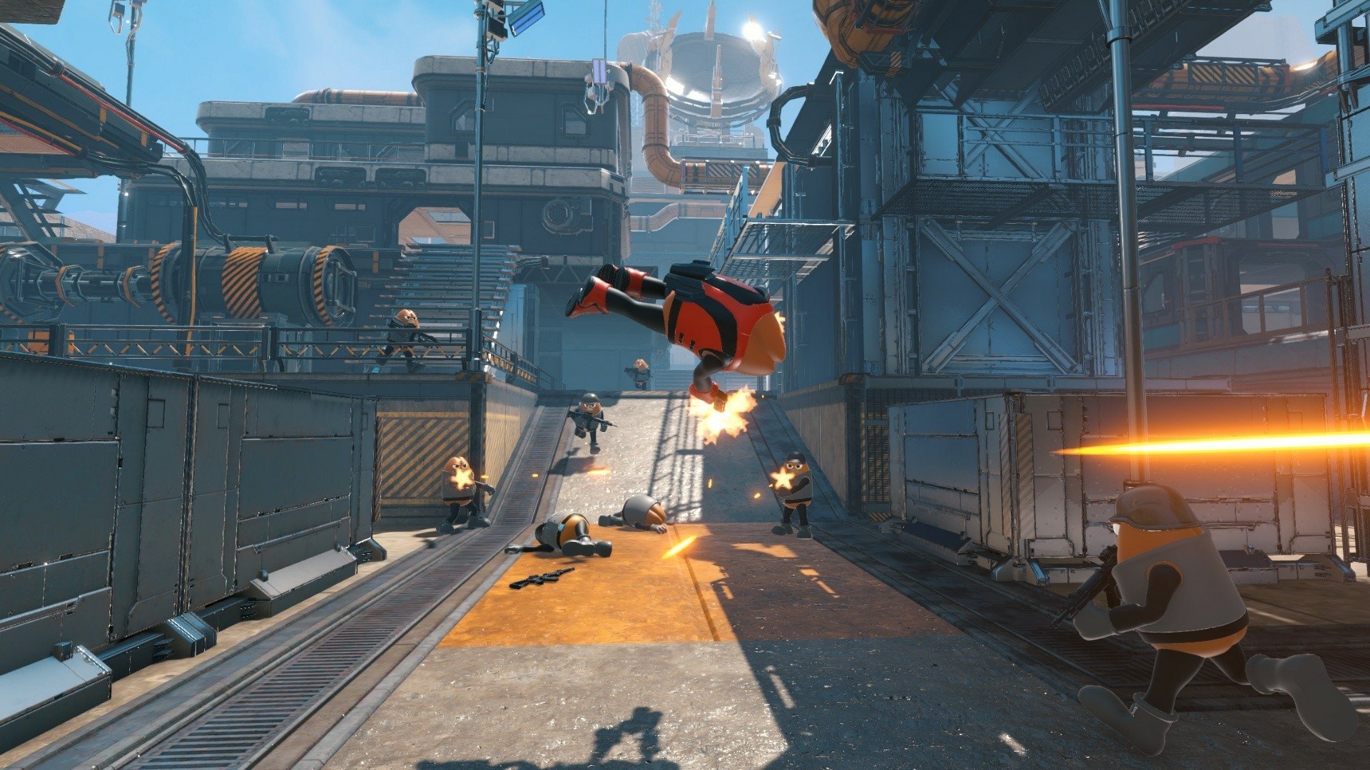 HD desktop wallpaper of the video game Killer Bean featuring an intense action scene in an industrial setting with characters engaged in combat.
