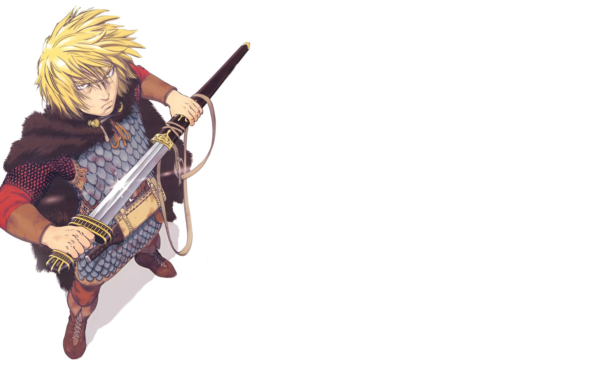 HD desktop wallpaper featuring Thorfinn from the anime Vinland Saga, depicted in detailed armor and holding a sword, with a white background.