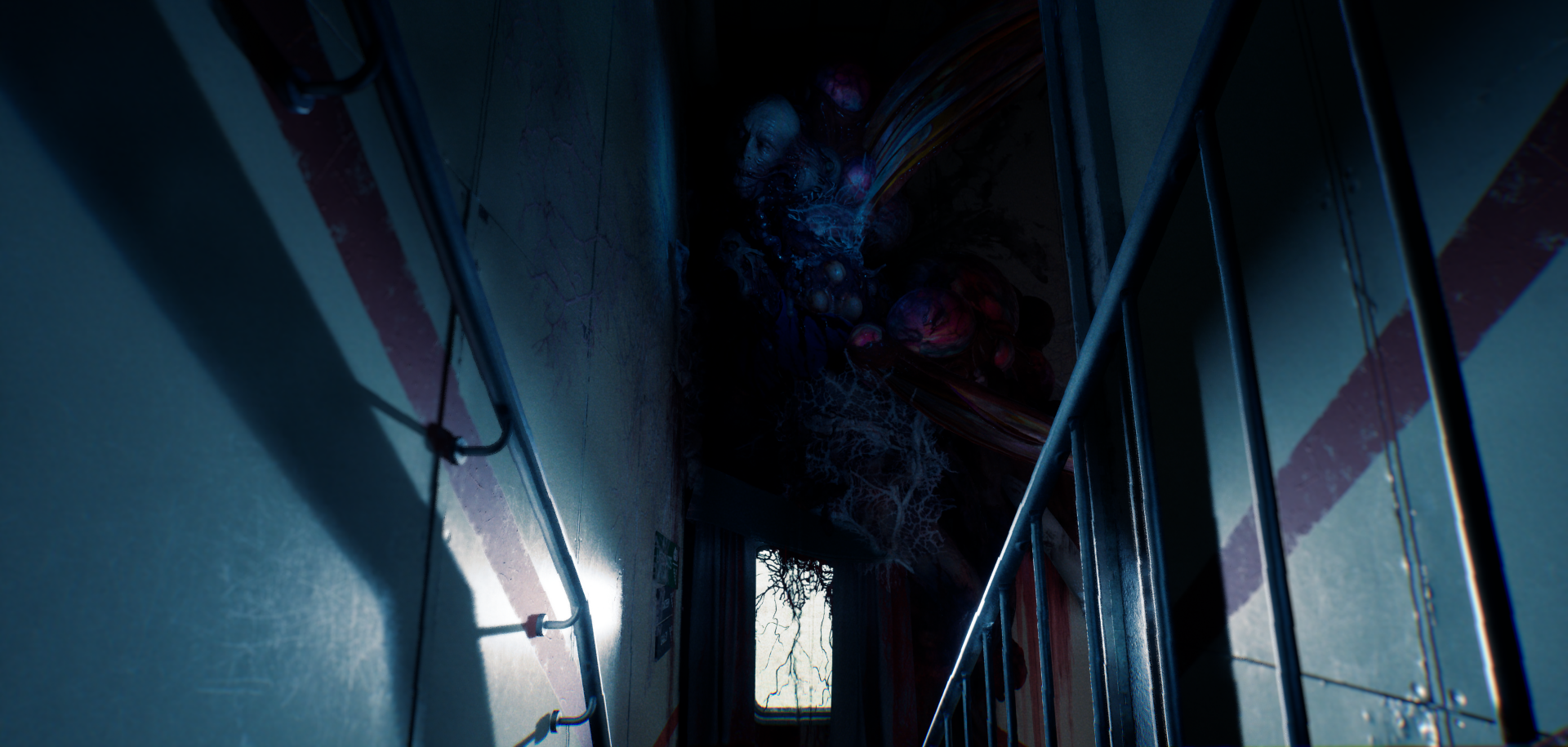HD desktop wallpaper from the video game Still Wakes the Deep, featuring a dimly lit, eerie hallway with an unsettling creature lurking overhead.