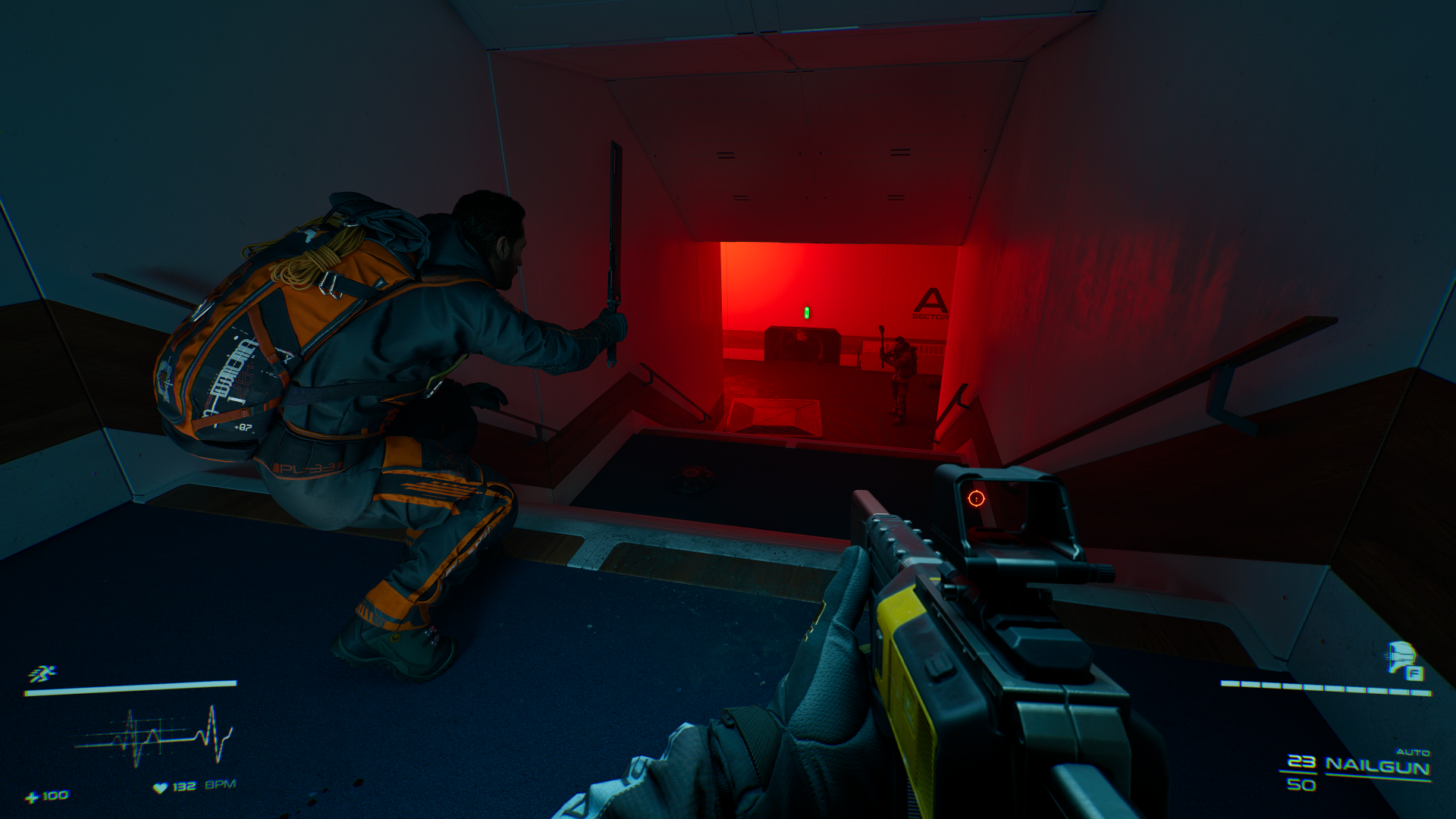 HD desktop wallpaper for Level Zero: Extraction video game, showing a player with a weapon and another character crouching on stairs, illuminated by a red light in a futuristic setting.