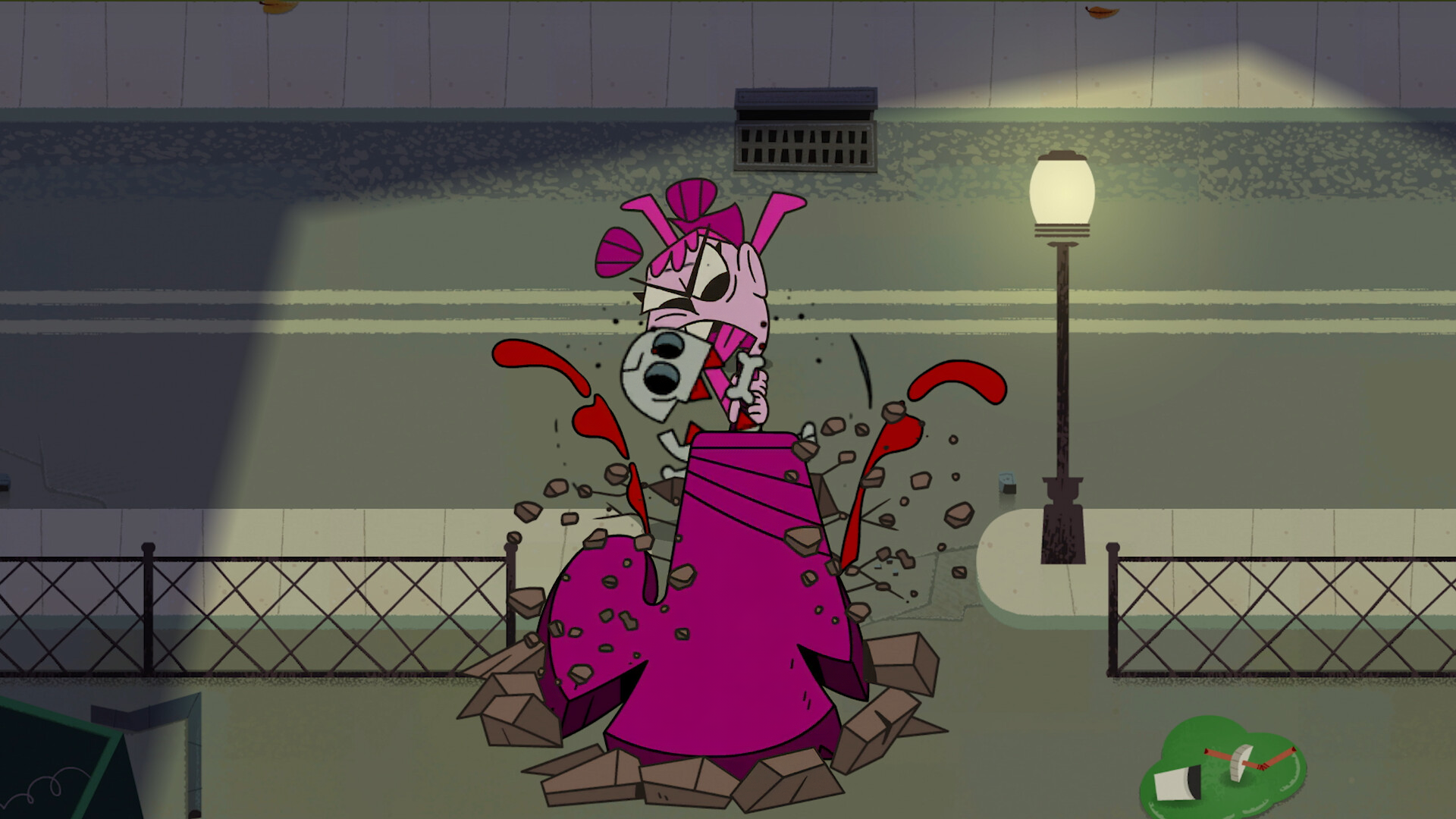 HD desktop wallpaper featuring a scene from the video game BLUD, showcasing a character emerging from the ground in a vibrant and animated urban setting.