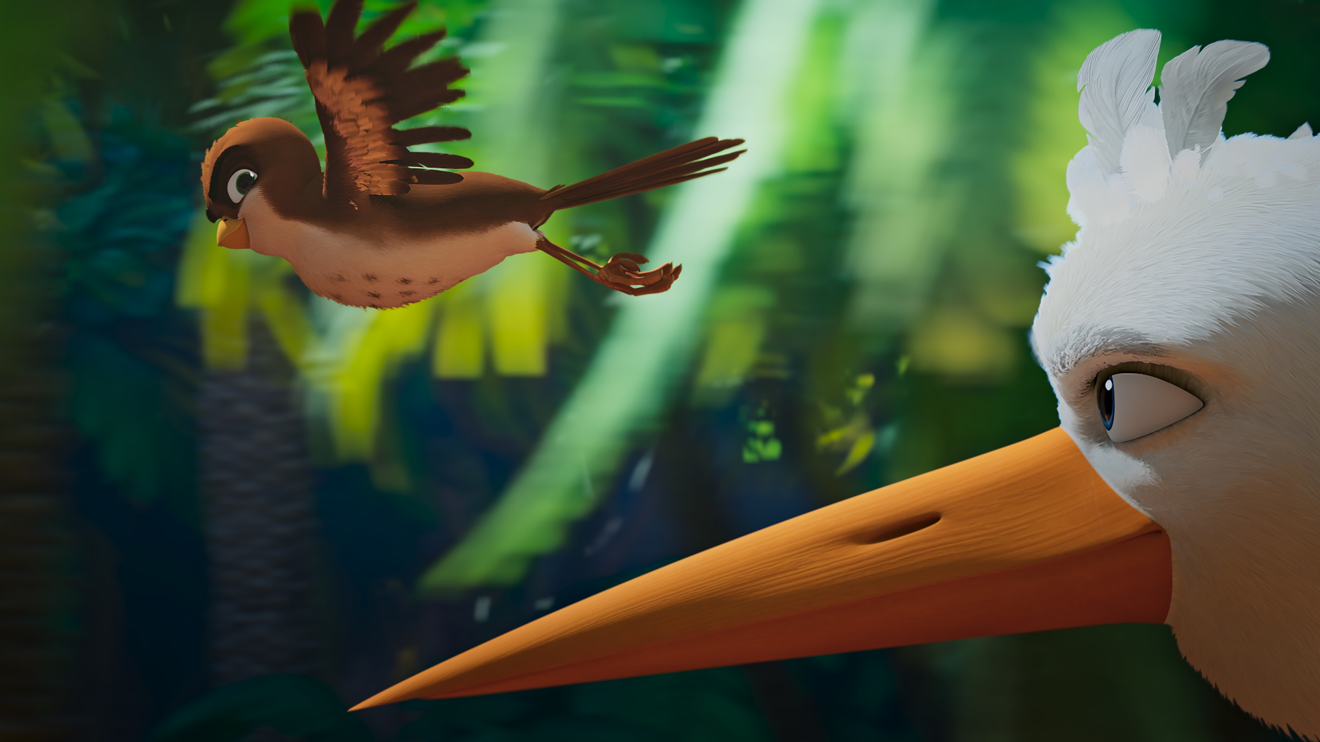 HD desktop wallpaper from A Stork's Journey 2 featuring a close-up of a stork and a smaller bird flying in a vibrant, green forest background.