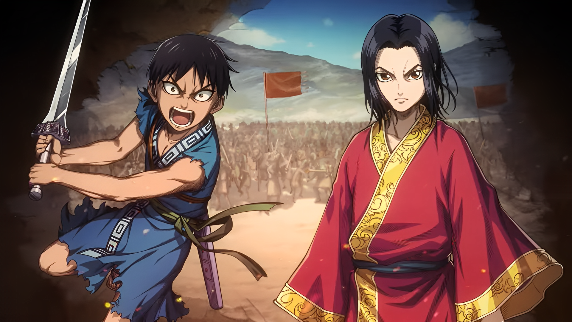 HD PC desktop wallpaper/background: Kingdom anime scene of Xin (Shin) and a stern ally facing a battlefield, red flags and an army behind — Xin Kingdom.