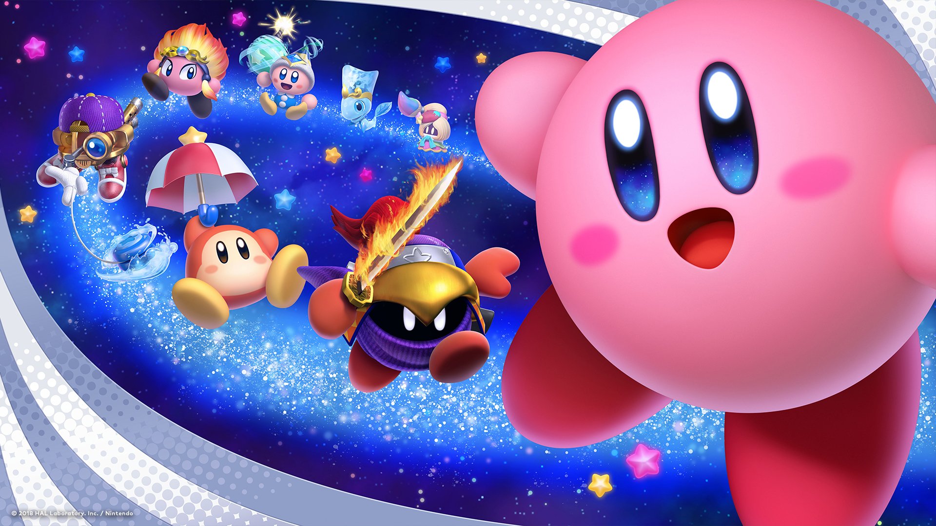 HD PC desktop wallpaper featuring Kirby and friends from Kirby: Star Allies in a vibrant cosmic background.