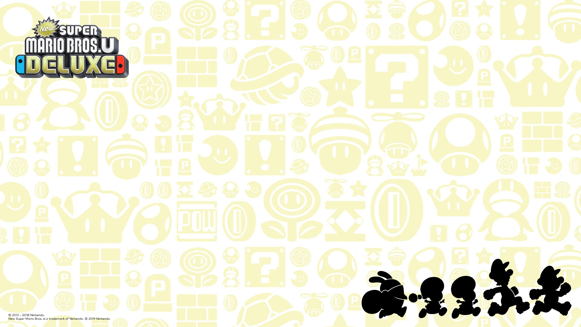 4K Ultra HD PC desktop wallpaper featuring silhouettes of New Super Mario Bros. U Deluxe characters with iconic game icons in the background and the game logo in the top left corner.