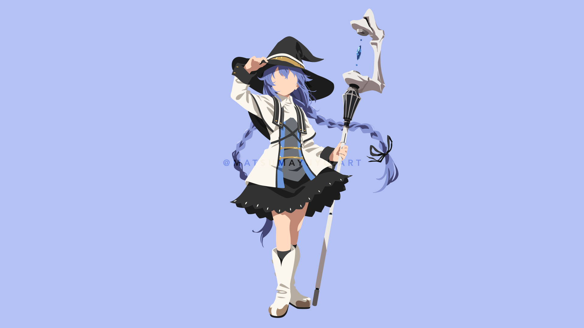 Roxy Migurdia from Mushoku Tensei: Jobless Reincarnation stands confidently in her mage outfit, holding a staff against a plain light blue background. 8K Ultra HD wallpaper.