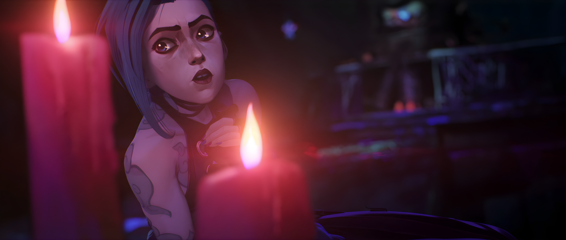 HD desktop wallpaper and background featuring a character from the TV show Arcane, illuminated by candlelight in a dark, emotive scene.