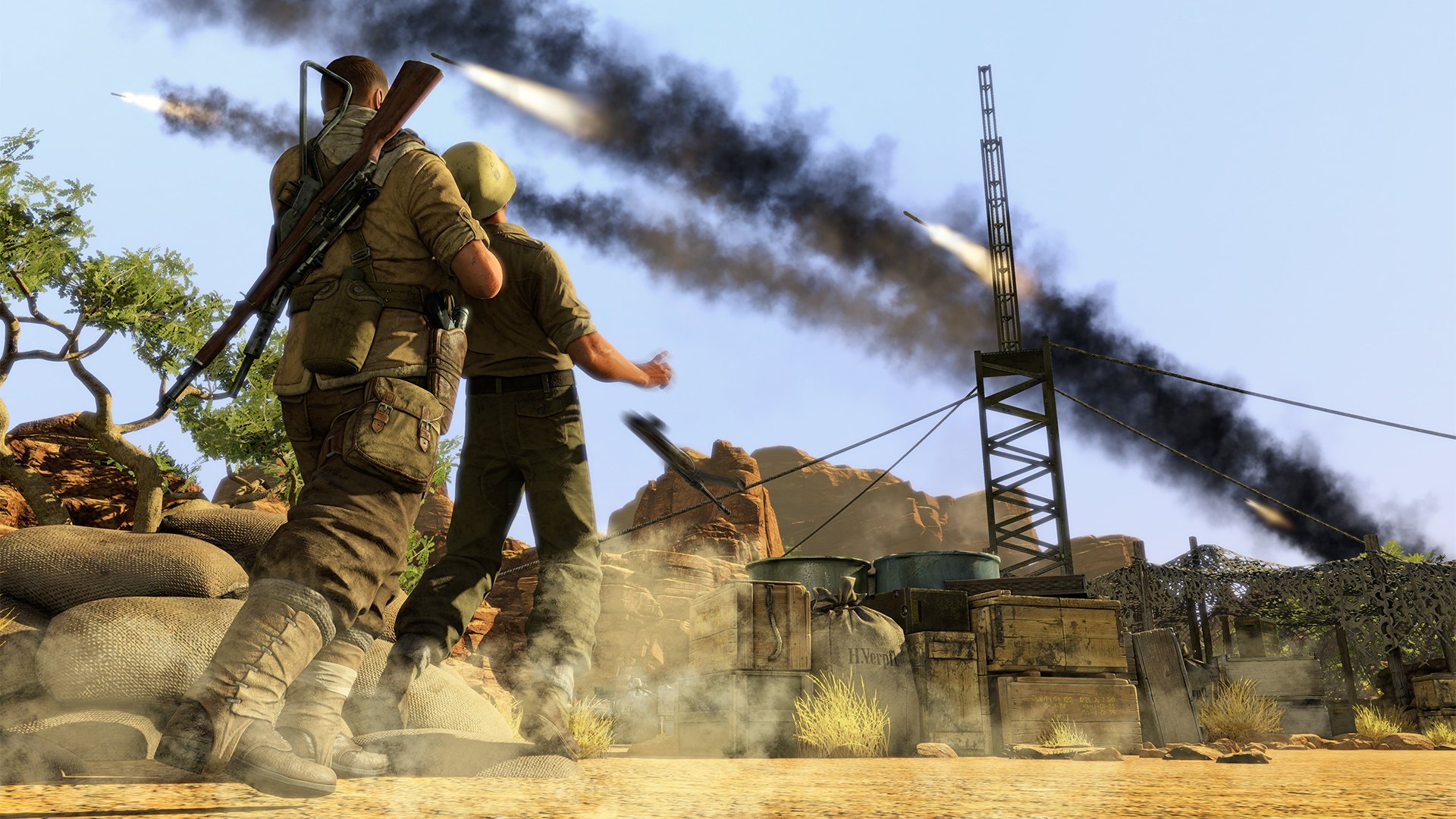 HD desktop wallpaper of Sniper Elite III video game, featuring two characters with rifles amidst a war-torn landscape with missiles launching in the background.