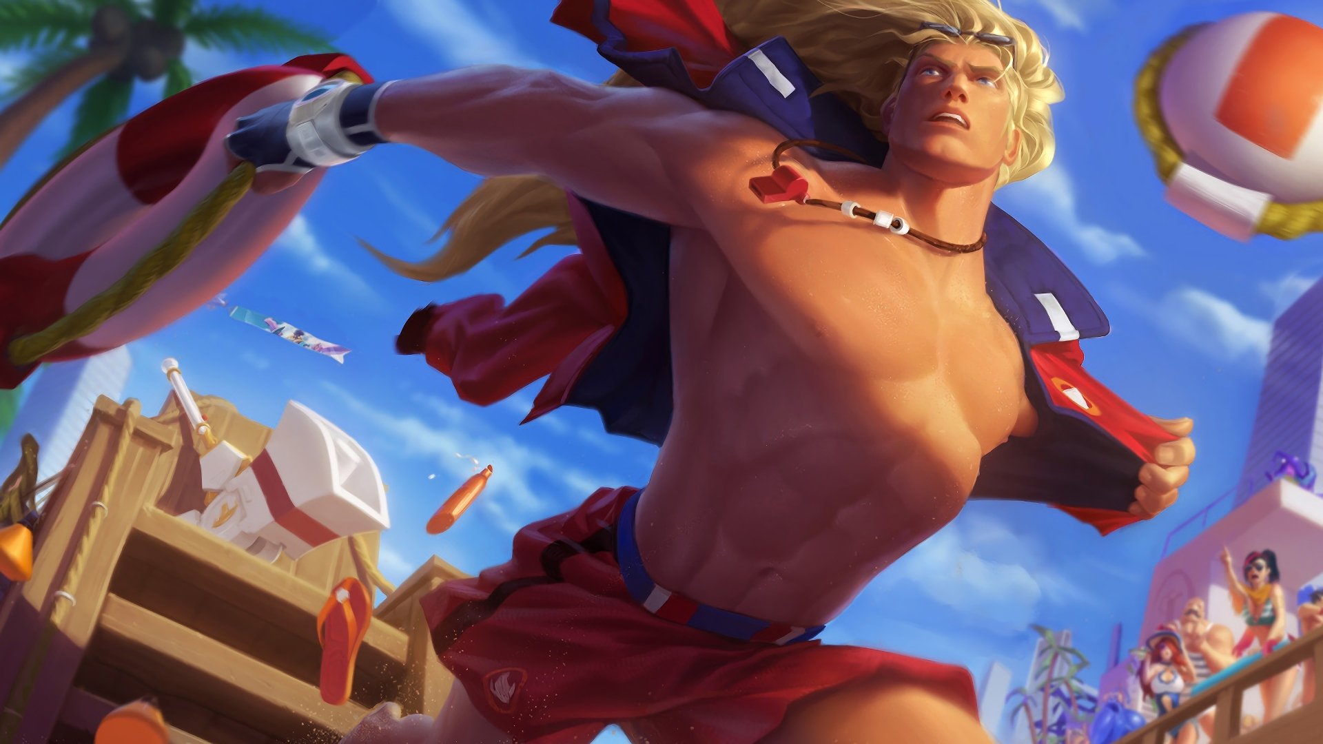 HD desktop wallpaper featuring Taric from the video game League Of Legends, showcasing an energetic beach scene.