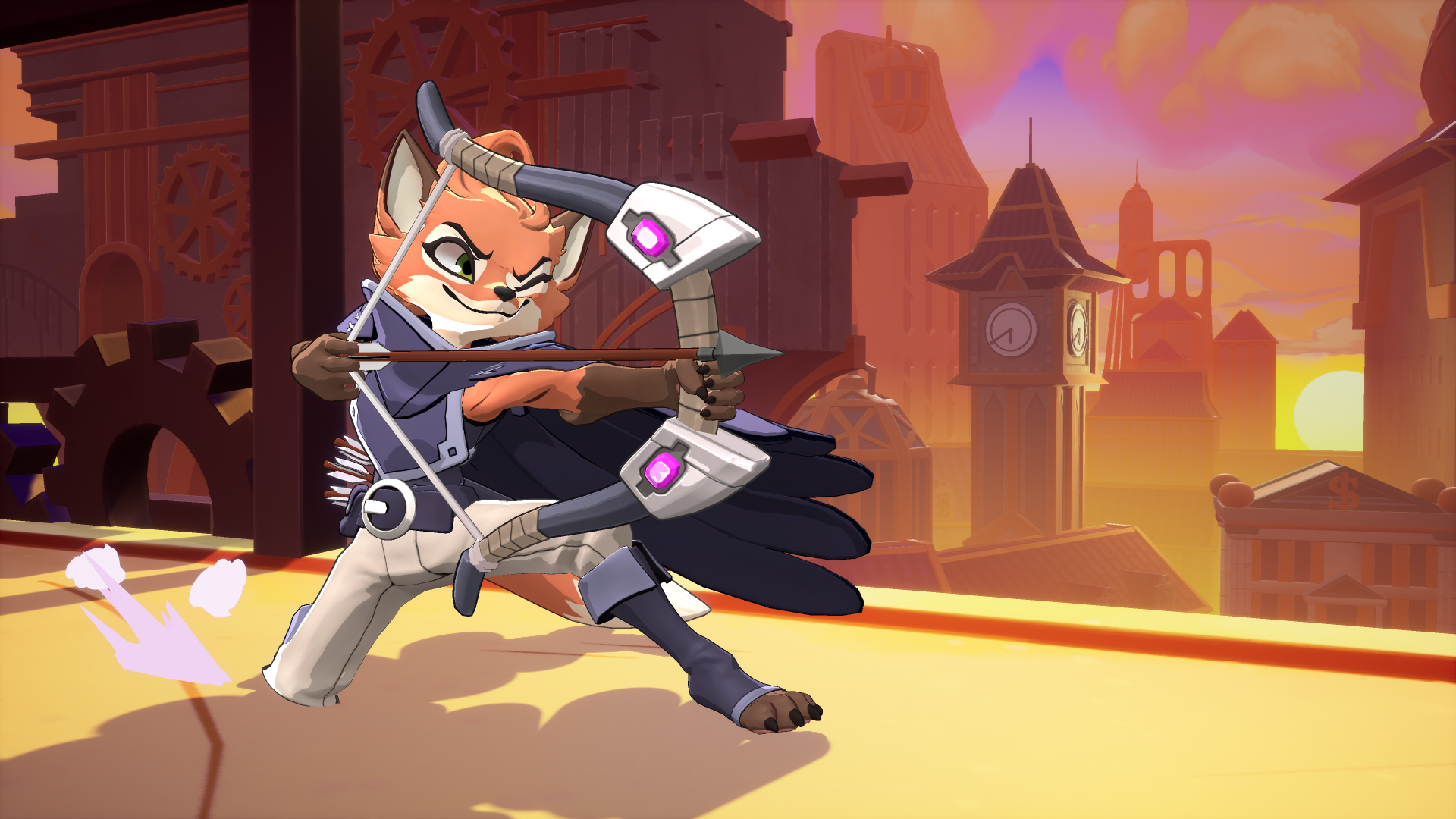 HD desktop wallpaper featuring a character from the video game Rivals 2, showing a fox-like archer ready to shoot an arrow with a steampunk cityscape in the background.