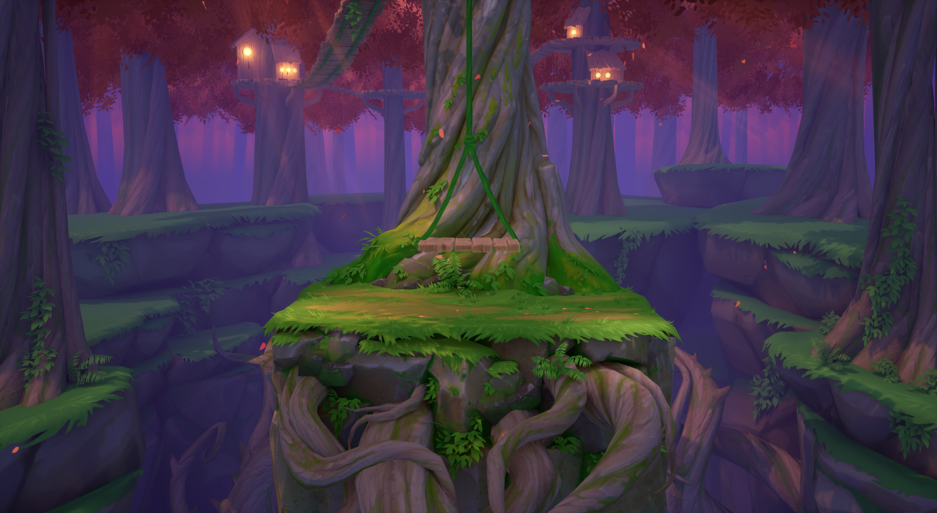 HD wallpaper of a lush forest scene from the video game Rivals 2, featuring a large tree surrounded by thick foliage and illuminated treehouses.