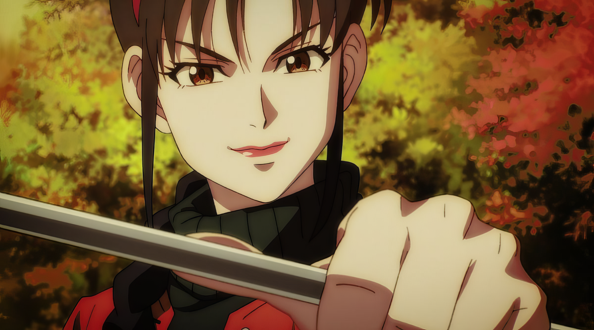 HD desktop wallpaper featuring a confident anime character from Rising Impact, holding a sword with autumnal foliage in the background.