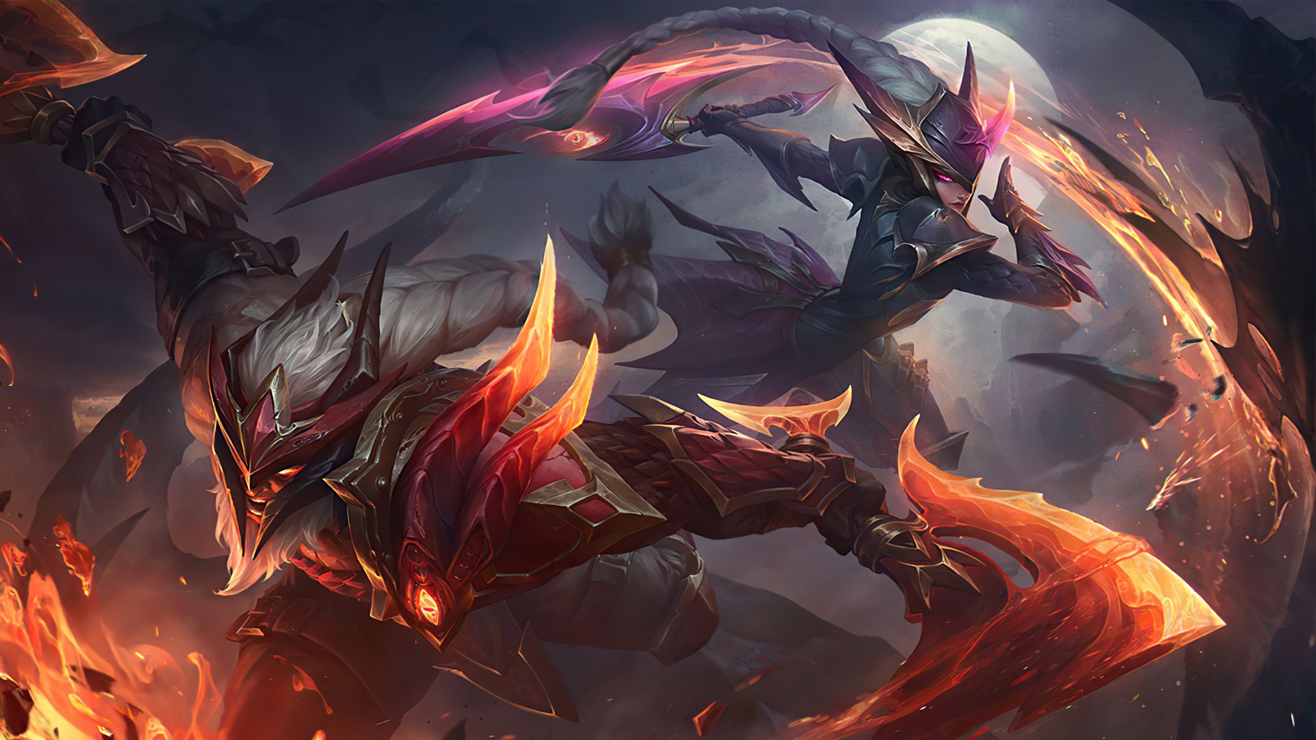 HD desktop wallpaper featuring characters Olaf and Diana from League of Legends in a dramatic battle scene, set against a dark, moonlit background.