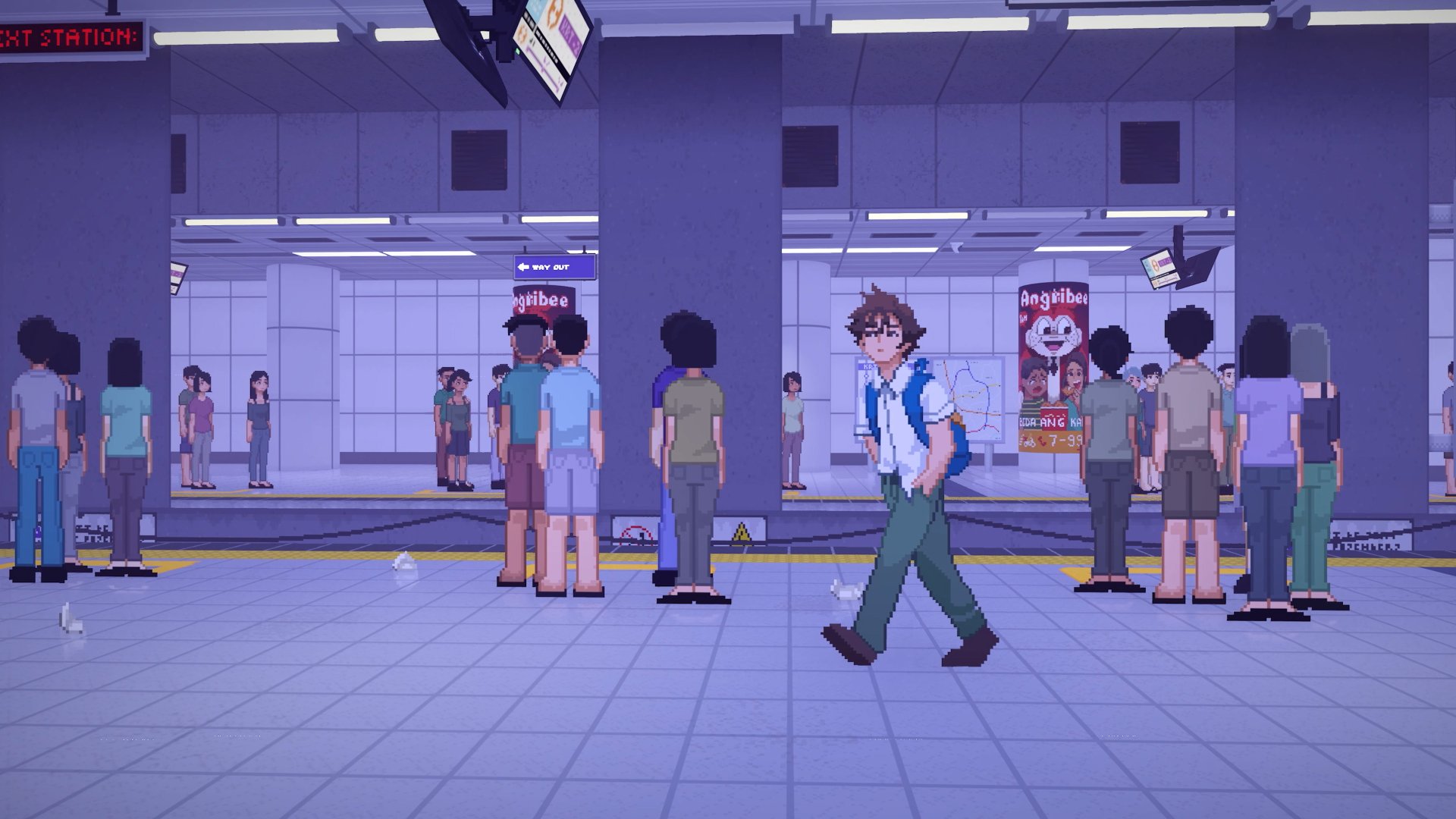 Pixel art scene from the game Until Then depicting a busy train station, set as a HD desktop wallpaper and background.