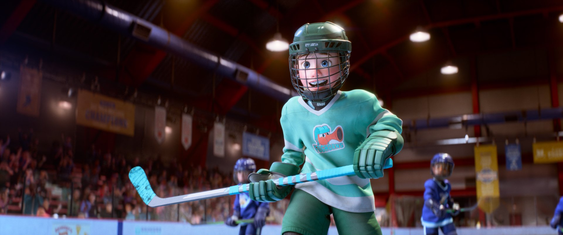 A vibrant HD desktop wallpaper from Inside Out 2, featuring a character in a green hockey uniform playing on an ice rink, with an audience watching in the background.