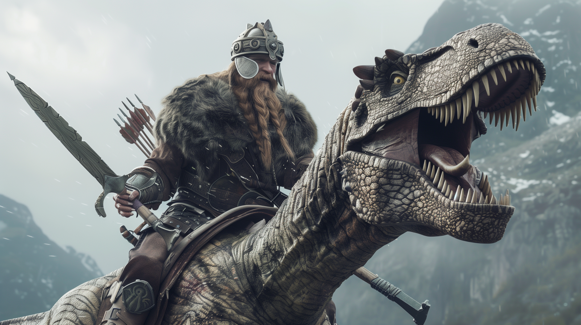 A medieval Viking warrior riding a dinosaur with a mountainous backdrop. HD desktop wallpaper and background.