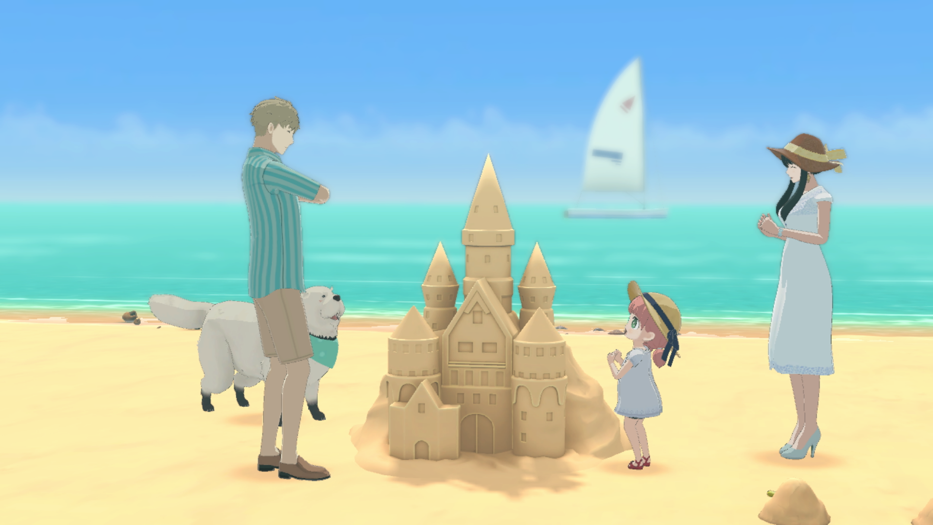 HD desktop wallpaper featuring characters from SPY×ANYA: Operation Memories on a beach, building a large sandcastle with a sailboat in the background.