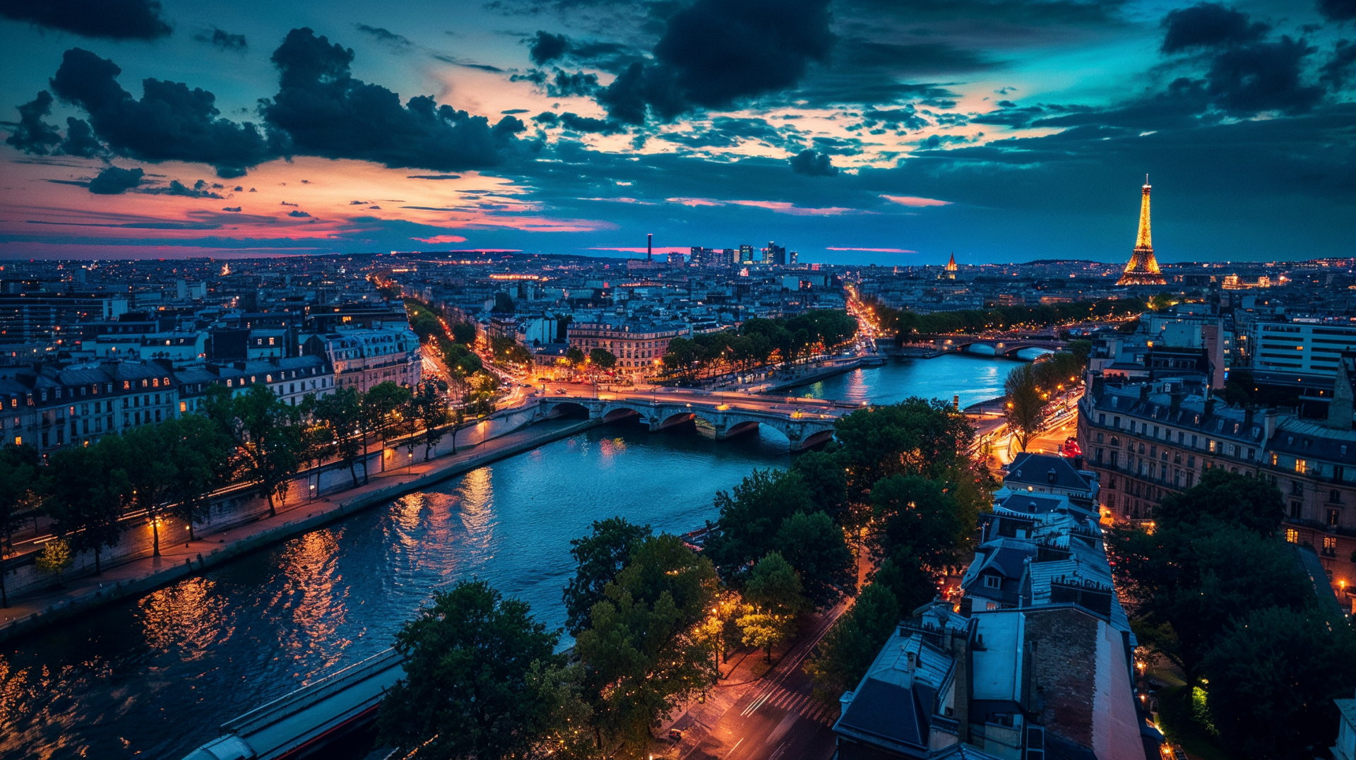 HD PC desktop wallpaper capturing a stunning dusk view of Paris with the illuminated Eiffel Tower and the Seine River under a dramatic sky.