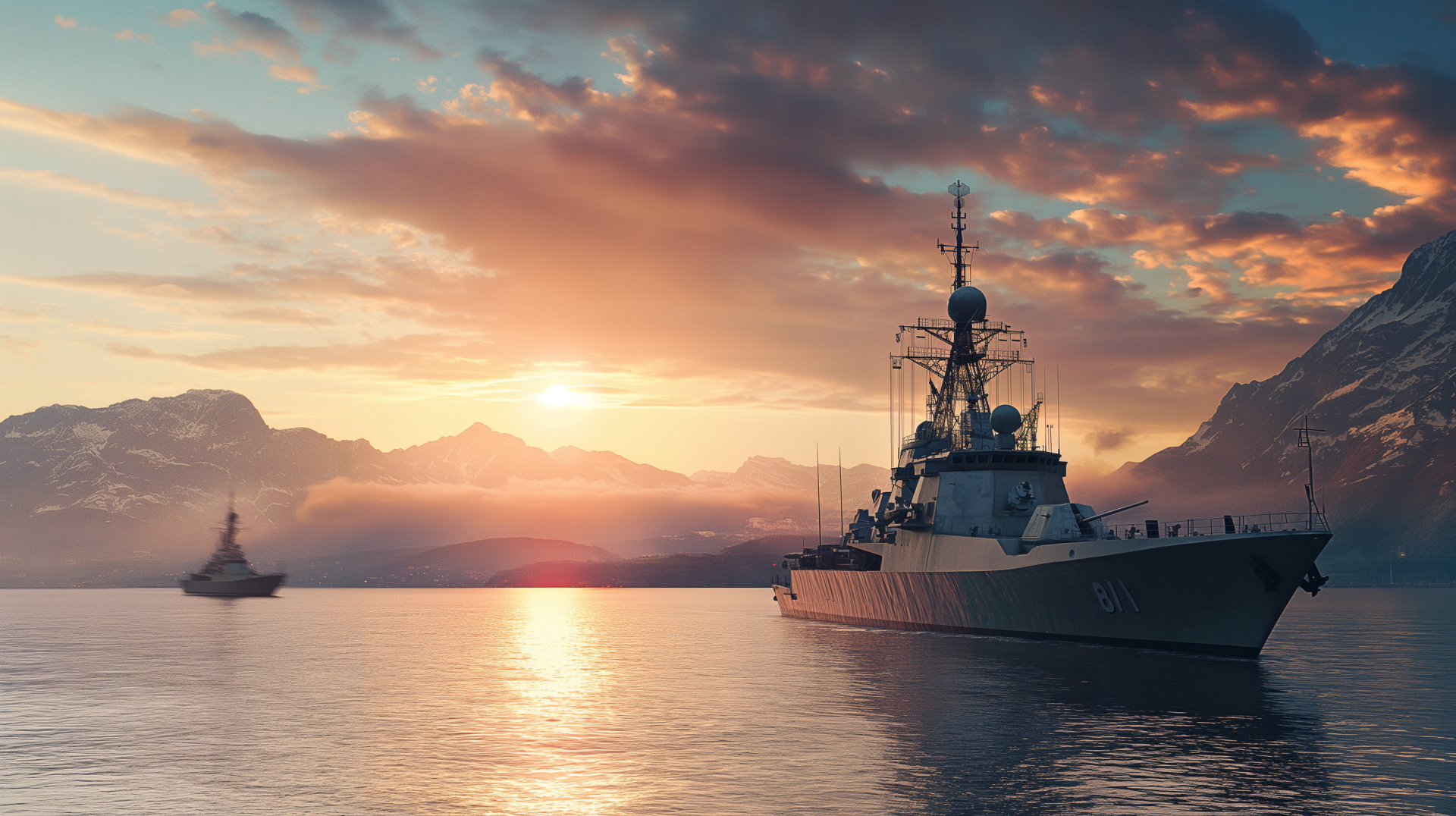 HD desktop wallpaper of a warship sailing on calm sea at morning sunrise, with mountains silhouetted against a colorful sky.