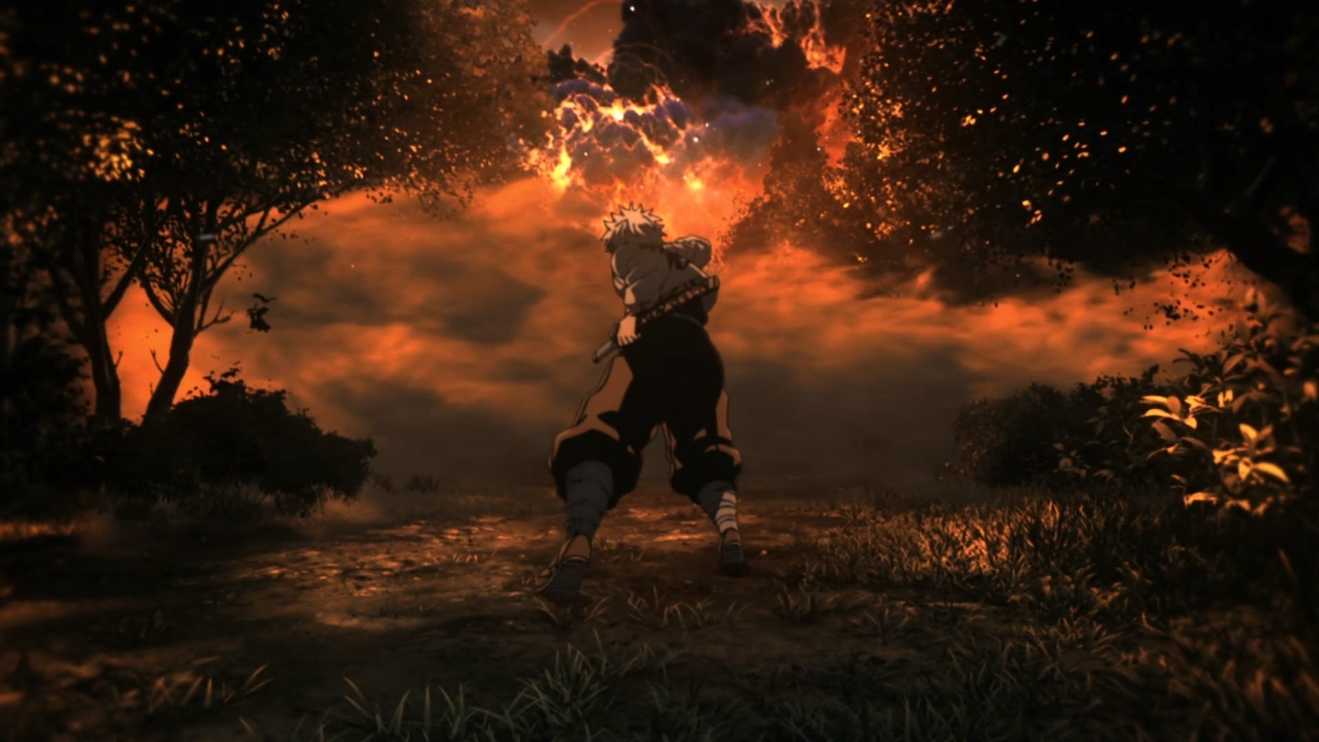 Demon Slayer: Kimetsu no Yaiba — Sanemi Shinazugawa stands with sword amid embers and scorched trees under a fiery sky, HD anime PC desktop wallpaper.