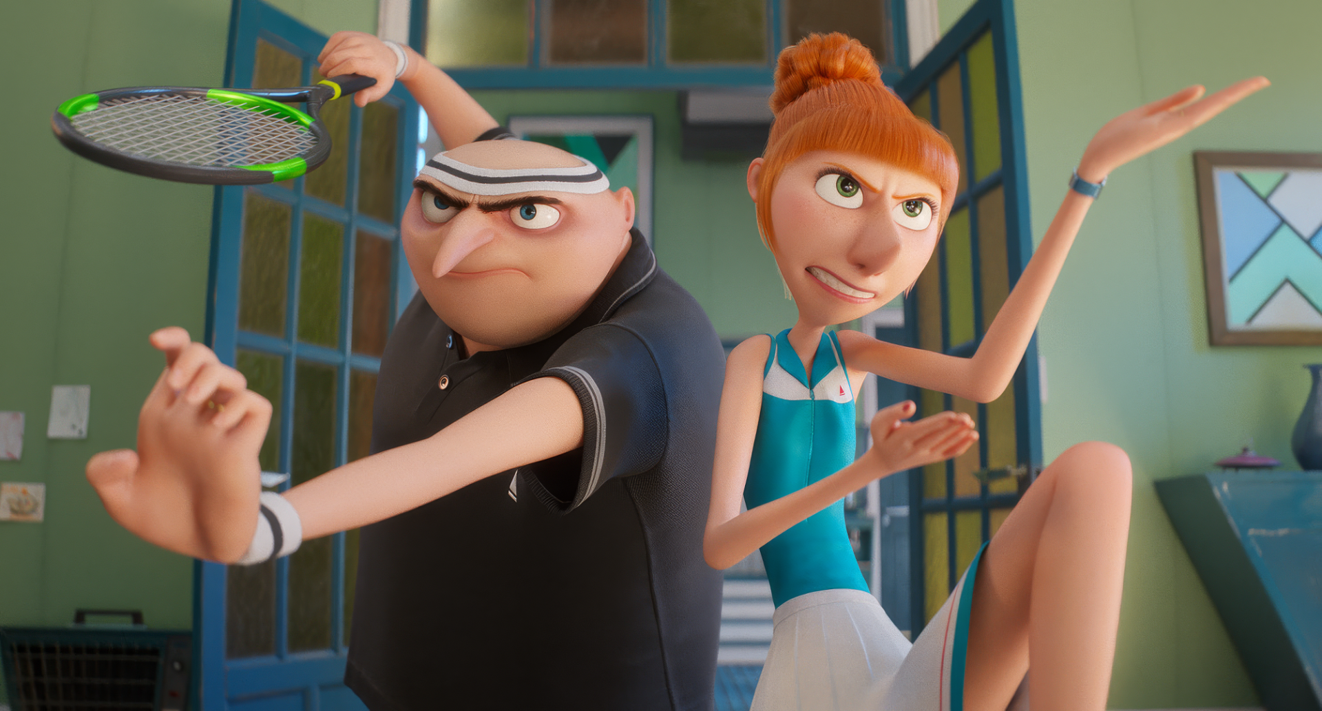 HD desktop wallpaper and background from the movie Despicable Me 4 featuring two animated characters in a playful tennis pose.