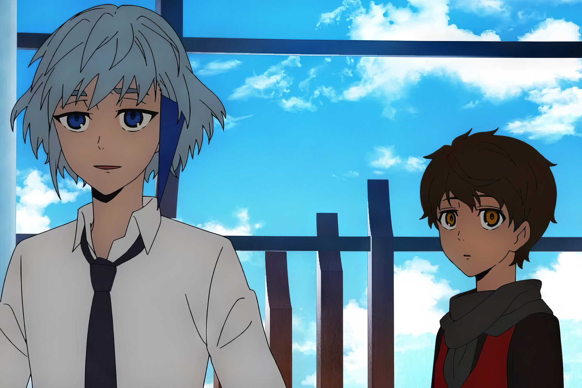 HD desktop wallpaper featuring Baam and Khun Aguero Agnis from the anime Tower of God against a backdrop of a clear blue sky with clouds.