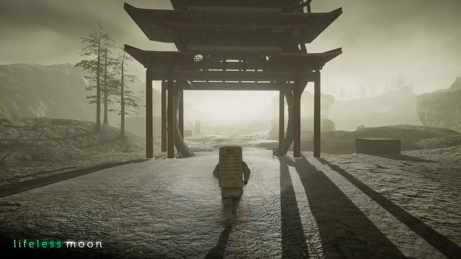 HD desktop wallpaper and background of Lifeless Moon video game, featuring an astronaut walking towards a large, shadowy structure in a desolate, misty landscape.