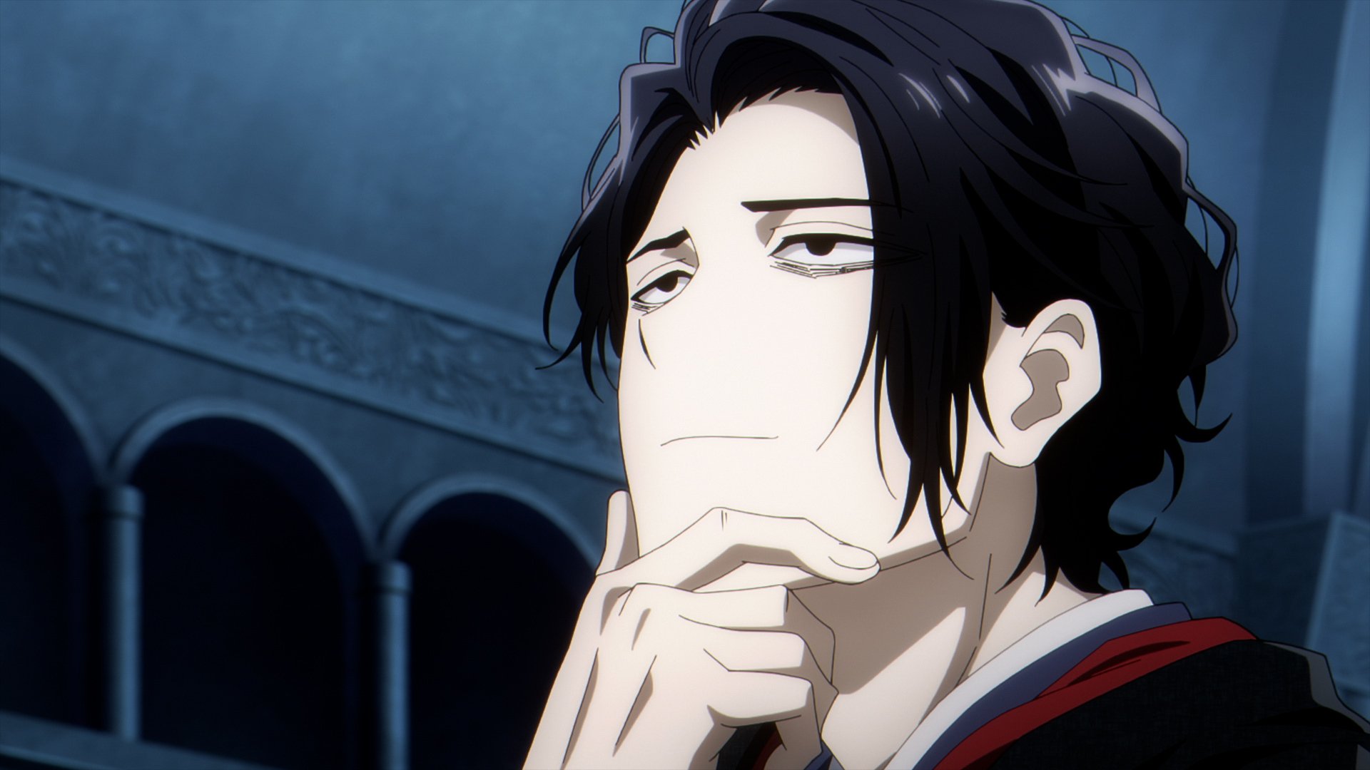 HD desktop wallpaper featuring Osamu Dazai from the anime No Longer Allowed in Another World, showcasing a thoughtful expression in a dimly lit, ornate background.