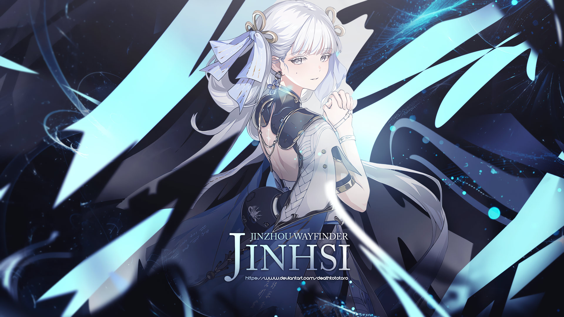 4K Ultra HD PC wallpaper featuring Jinhsi from Wuthering Waves, showcasing a white-haired character with flowing ribbons and dynamic blue streaks in a dark, ethereal background.