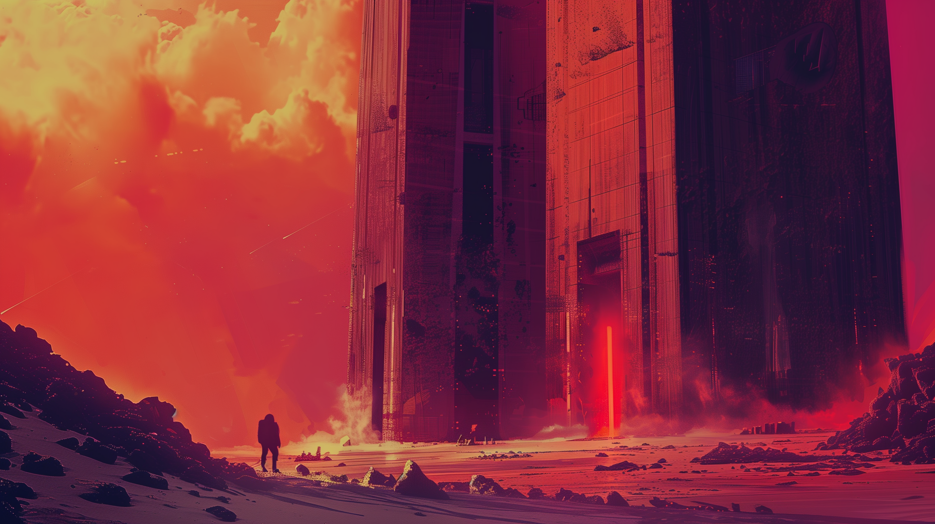 HD wallpaper showing a solitary astronaut standing before a colossal, futuristic building under a vivid, fiery sky, evoking a strong sci-fi atmosphere.