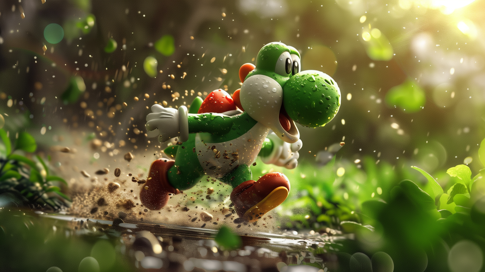 HD desktop wallpaper and background featuring Yoshi running through a lush, vibrant environment, with dynamic lighting and flying debris capturing the sense of motion.