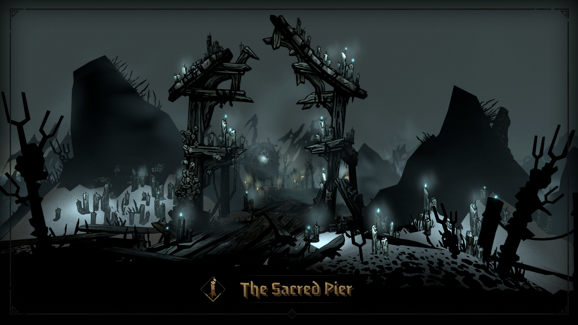 HD desktop wallpaper of Darkest Dungeon II featuring the eerie location The Sacred Pier with ominous structures and mystic lights against a dark, atmospheric backdrop.