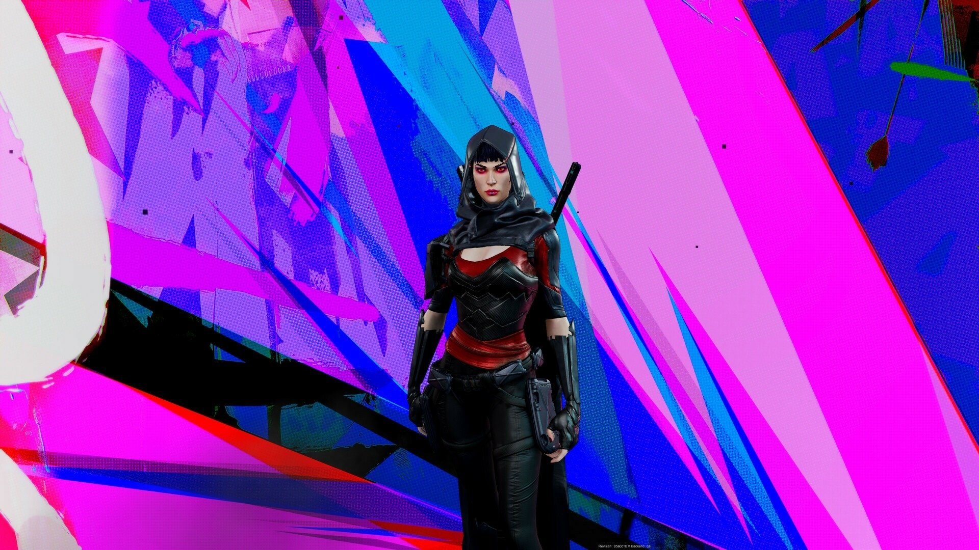 A high-definition desktop wallpaper and background featuring a character from the video game EvilVEvil, set against a vibrant, abstract backdrop with bold splashes of pink, blue, and purple.