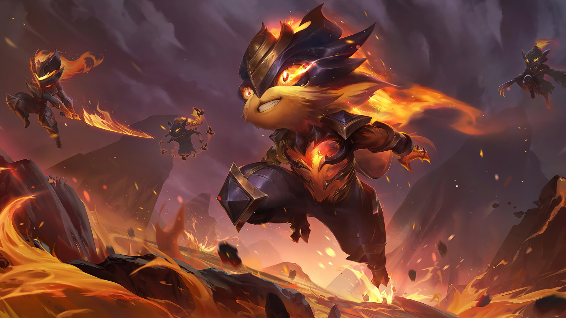 HD wallpaper featuring Kennen from Legends of Runeterra, depicted with vibrant flames in a dynamic action scene. Beautifully crafted for fans of the game and League of Legends.