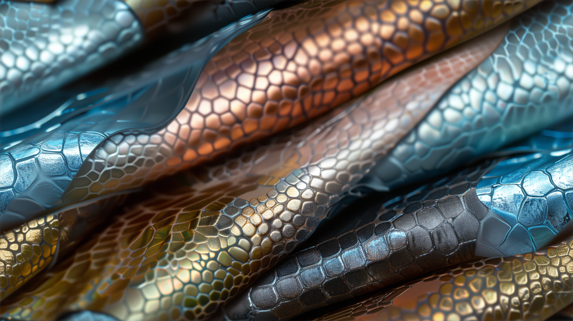 A high-definition desktop wallpaper featuring a close-up of a textured, multi-colored skin pattern with metallic hues.