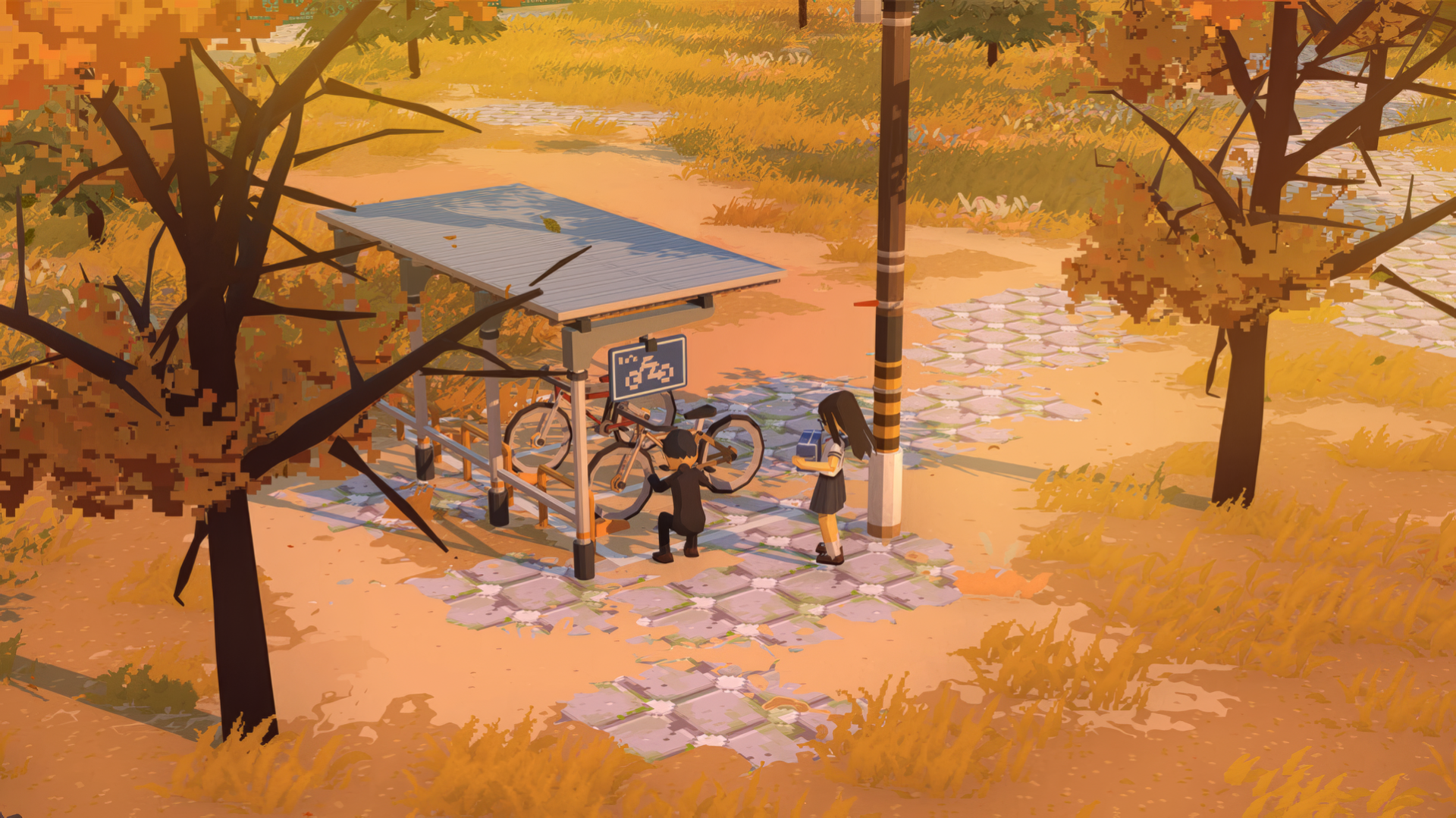 HD desktop wallpaper of the video game Let's School, showcasing a serene autumn scene with two characters near a bike rack under vibrant orange trees.