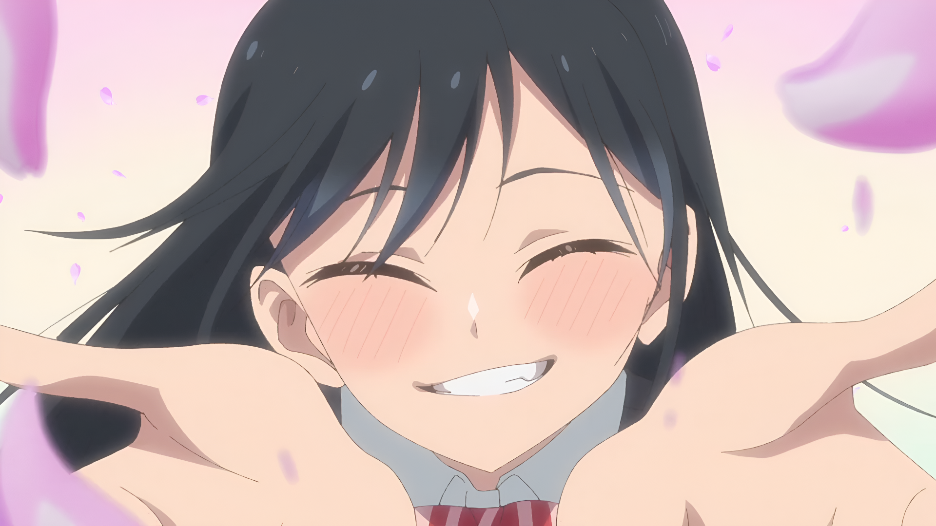 4K Ultra HD anime wallpaper featuring Rin Nanakura from Pseudo Harem, smiling warmly with outstretched hands against a soft pink background with falling petals.