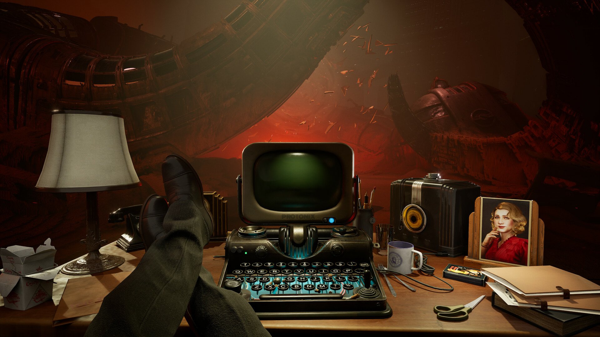 A high-definition desktop wallpaper for the video game Nobody Wants to Die, featuring a dark, futuristic office scene with vintage technology and an eerie background.