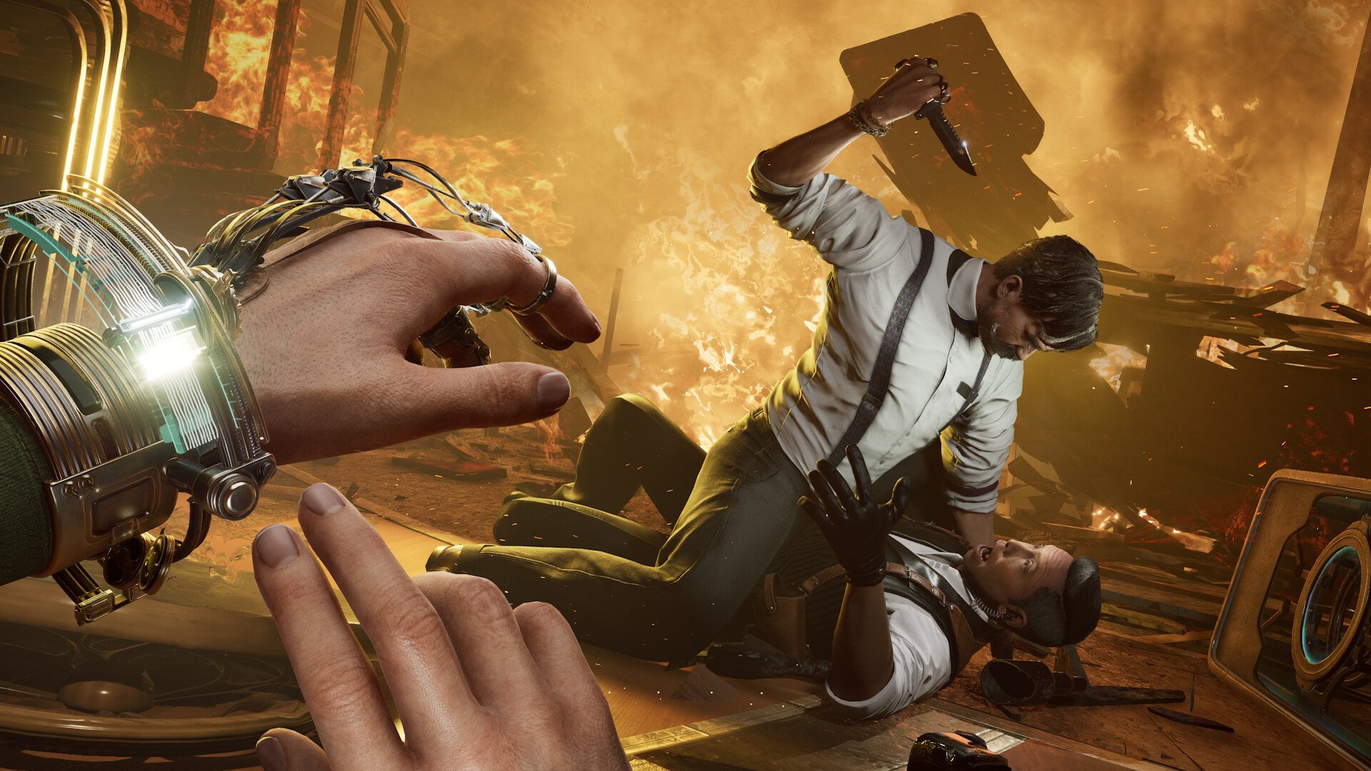 HD desktop wallpaper featuring intense scene from the video game Nobody Wants to Die with two characters in a dramatic confrontation amidst fiery chaos.