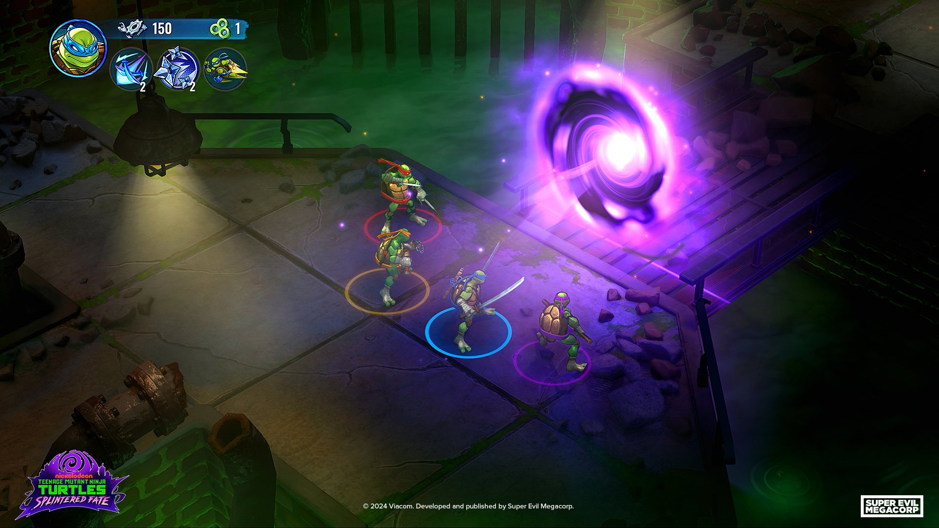 HD desktop wallpaper showcasing a scene from Teenage Mutant Ninja Turtles: Splintered Fate, featuring the turtles near a glowing purple portal in an atmospheric, dimly-lit setting.