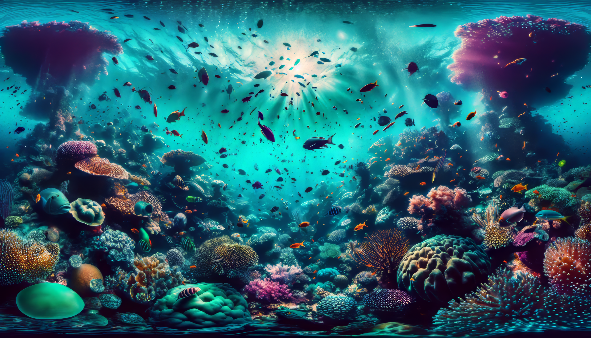 HD desktop wallpaper showcasing a vibrant coral reef teeming with colorful marine life and varied corals, illuminated by sunlight filtering through the water.