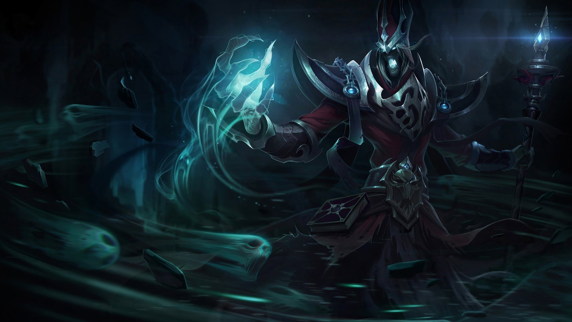 HD desktop wallpaper featuring Karthus from League of Legends, surrounded by a dark, mystical aura.