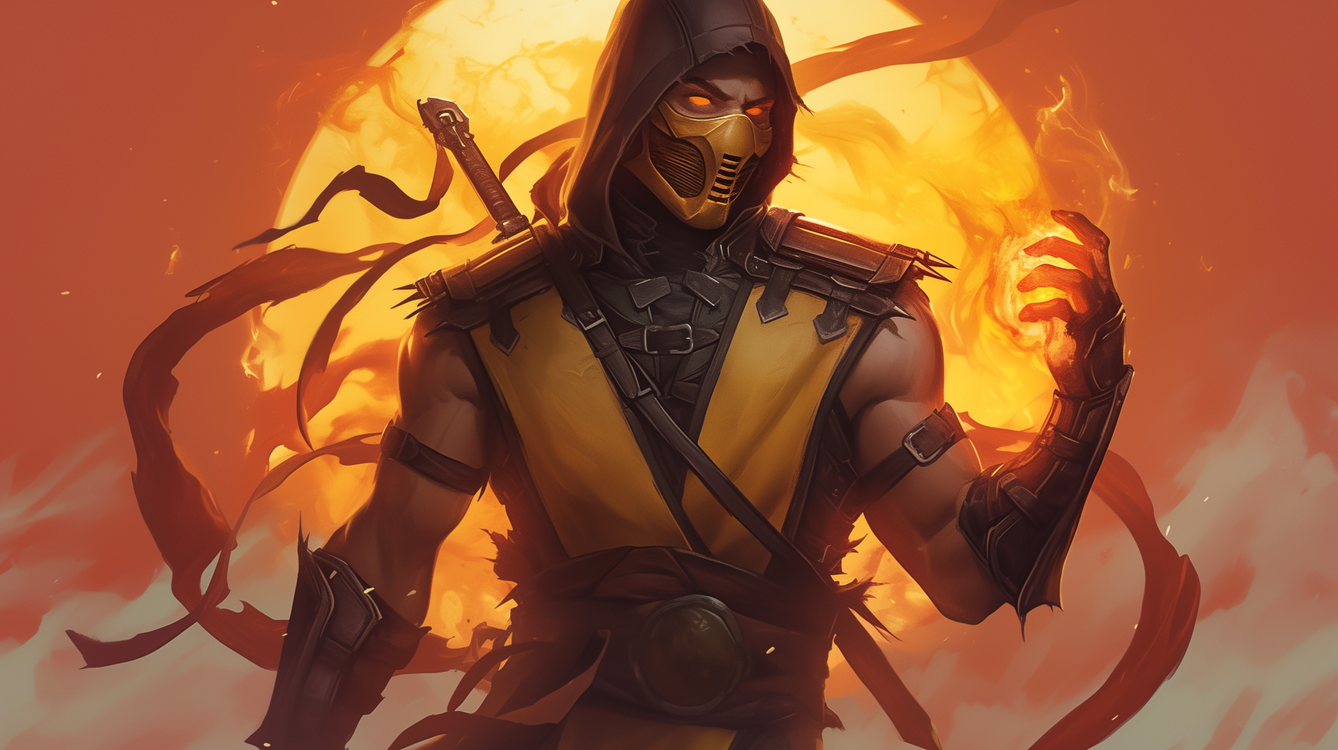HD desktop wallpaper featuring Scorpion from Mortal Kombat, with a fiery background and dynamic pose.