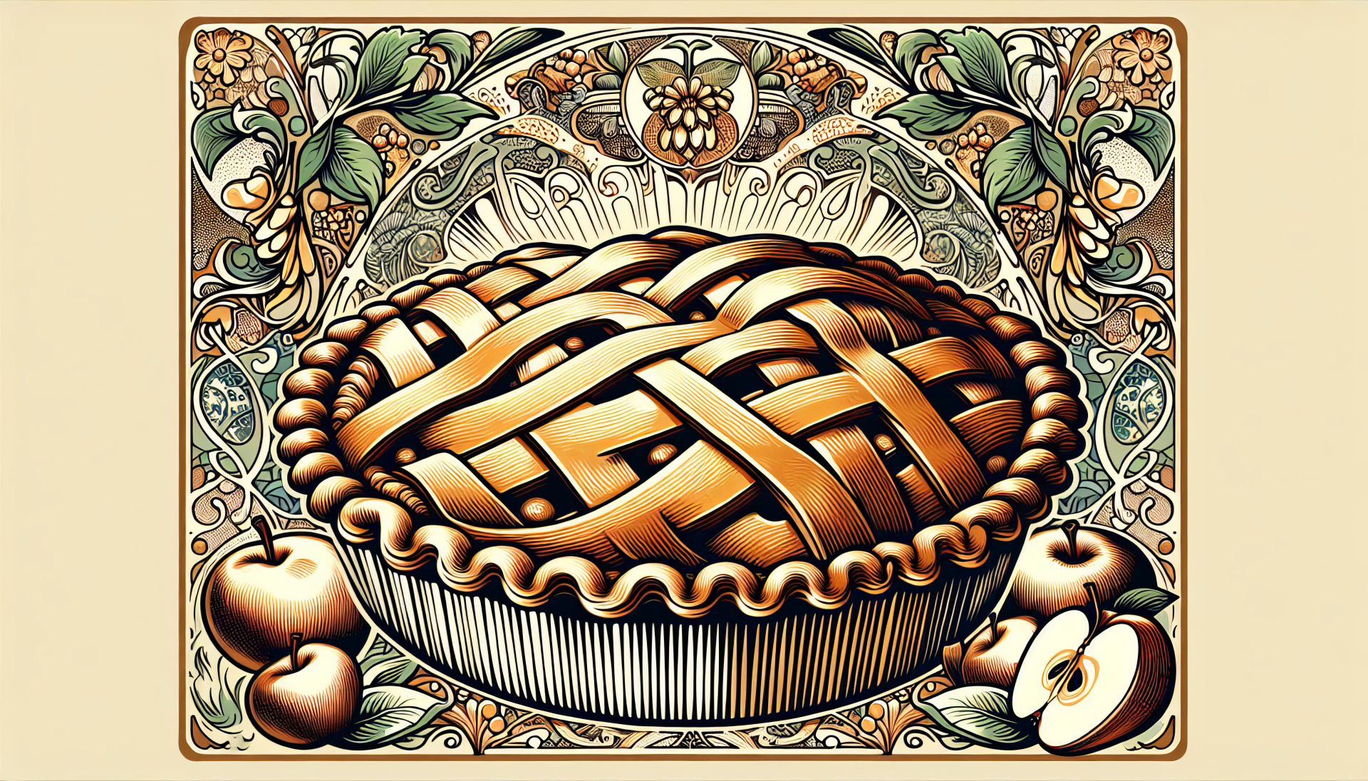 HD desktop wallpaper featuring a beautifully detailed illustration of a lattice-topped apple pie surrounded by apples and intricate floral designs.