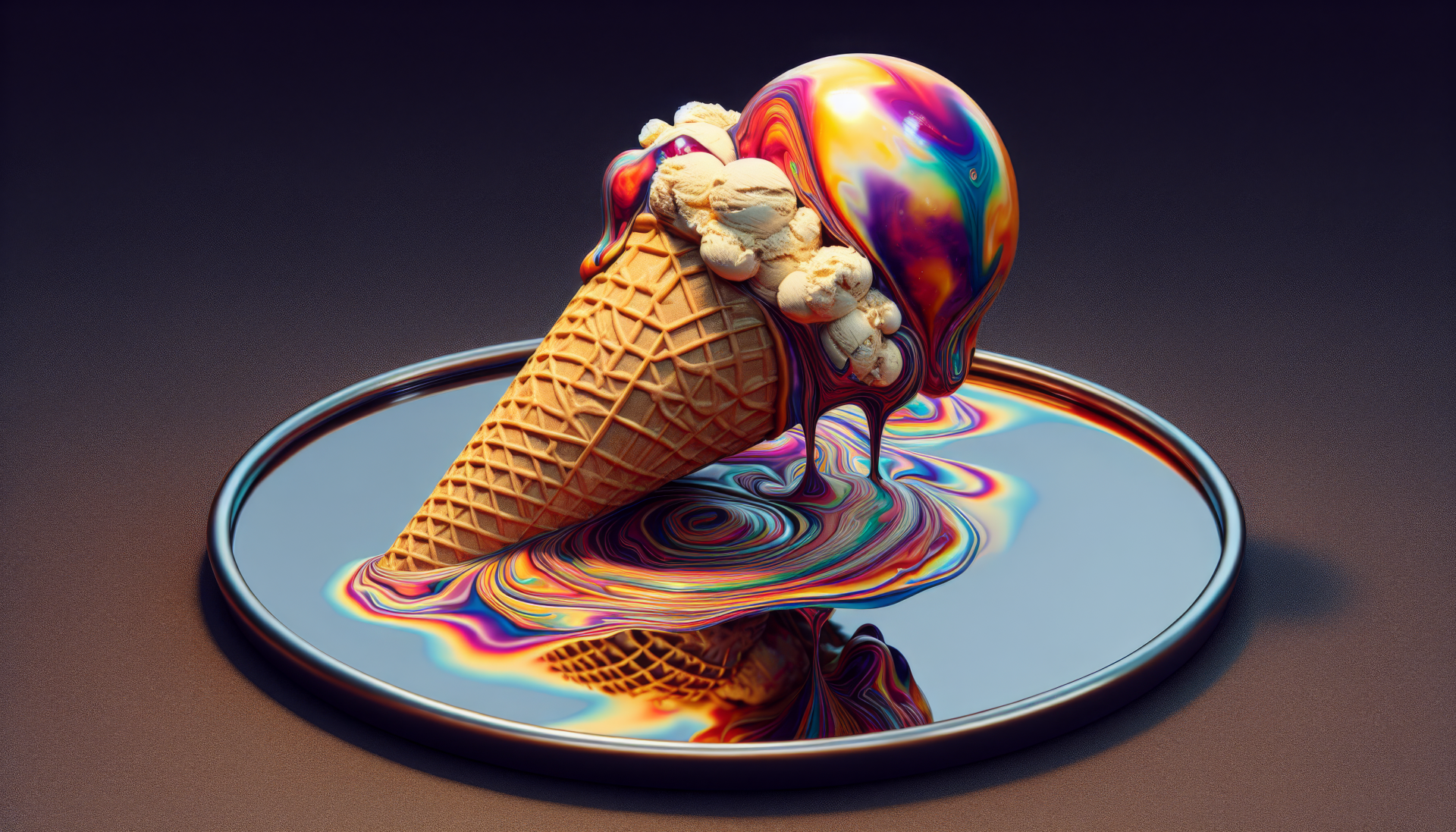 A visually stunning HD desktop wallpaper featuring a melting ice cream cone with vibrant, swirling colors on a reflective surface.